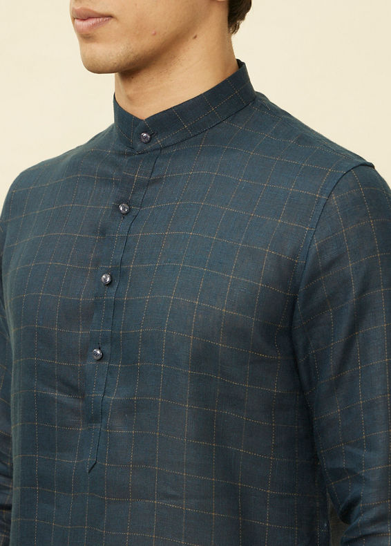 Manyavar Men Navy Blue Square Grid Printed Kurta
