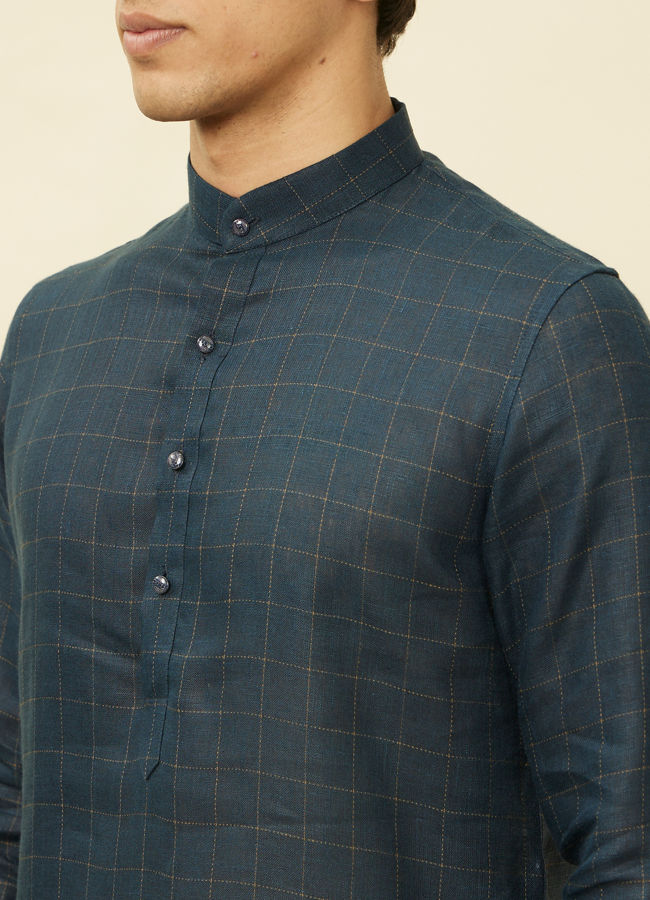 alt message - Manyavar Men Navy Blue Square Grid Printed Kurta image number 1