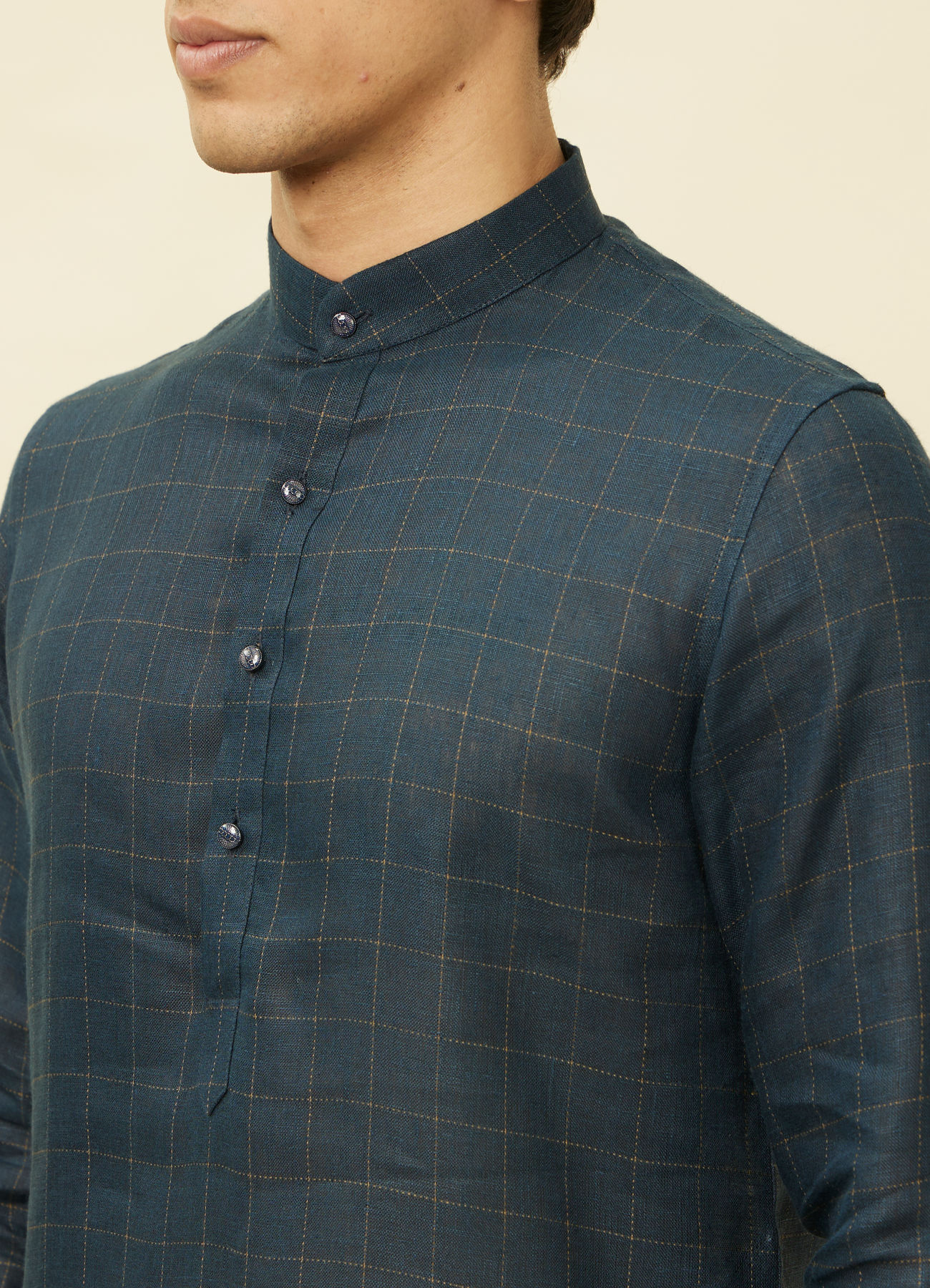 Manyavar Men Navy Blue Square Grid Printed Kurta