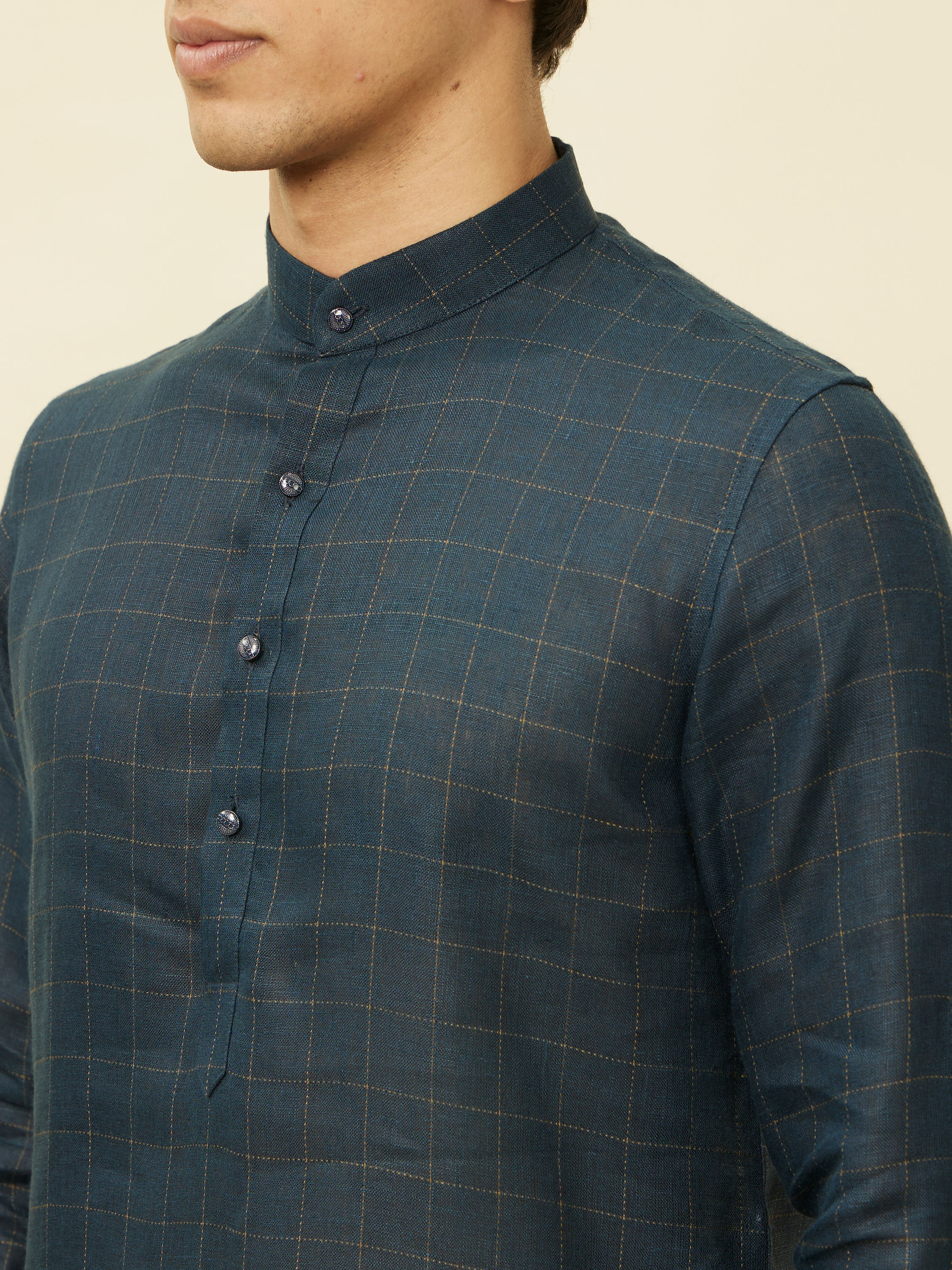 Manyavar Men Navy Blue Square Grid Printed Kurta