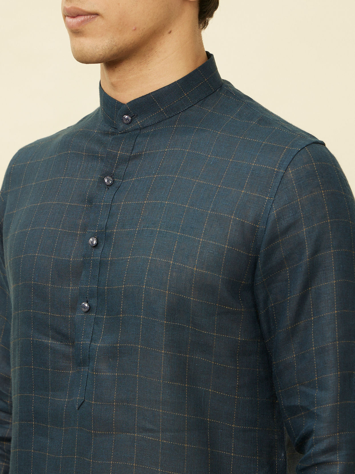 alt message - Manyavar Men Navy Blue Square Grid Printed Kurta image number 1