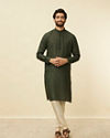 Manyavar Men Dark Green Square Grid Printed Kurta