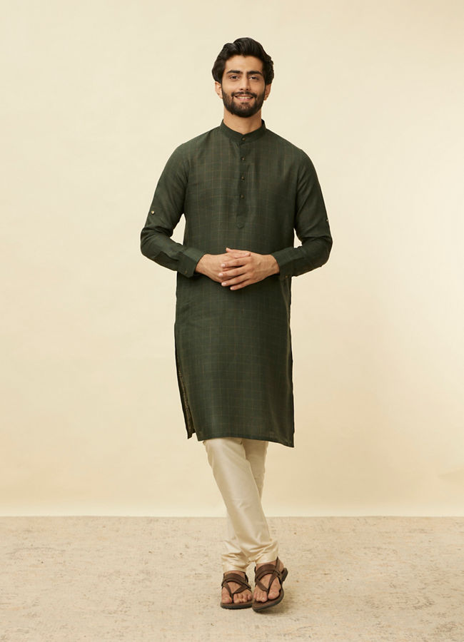Manyavar Men Dark Green Square Grid Printed Kurta