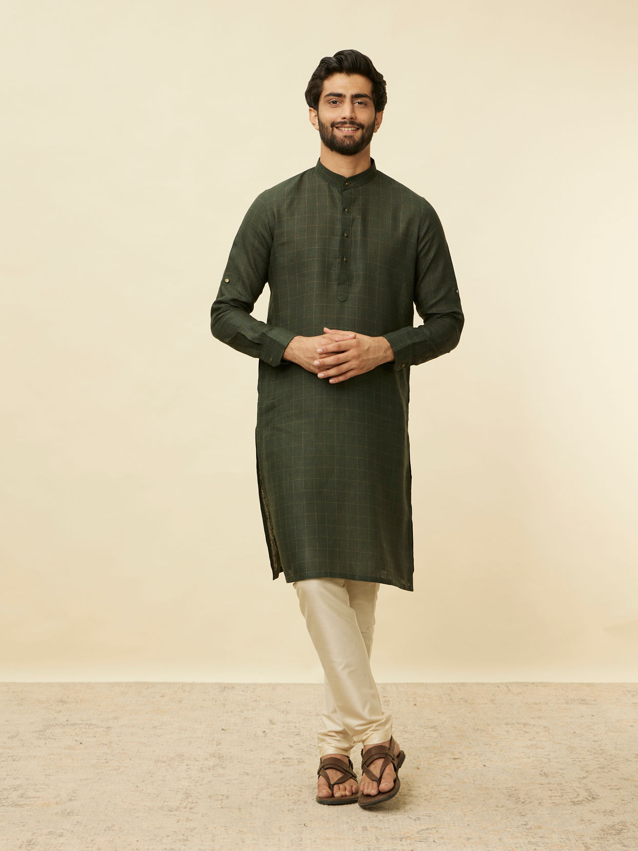 alt message - Manyavar Men Dark Green Square Grid Printed Kurta image number 2