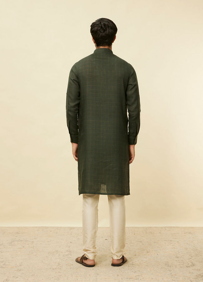 Manyavar Men Dark Green Square Grid Printed Kurta
