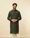 alt message - Manyavar Men Dark Green Square Grid Printed Kurta image number 0