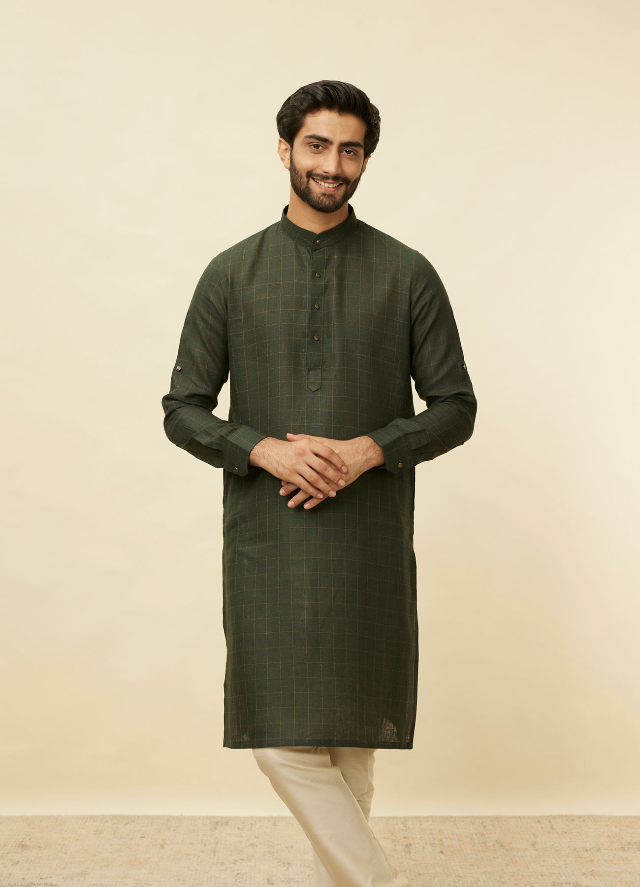 Manyavar Men Dark Green Square Grid Printed Kurta