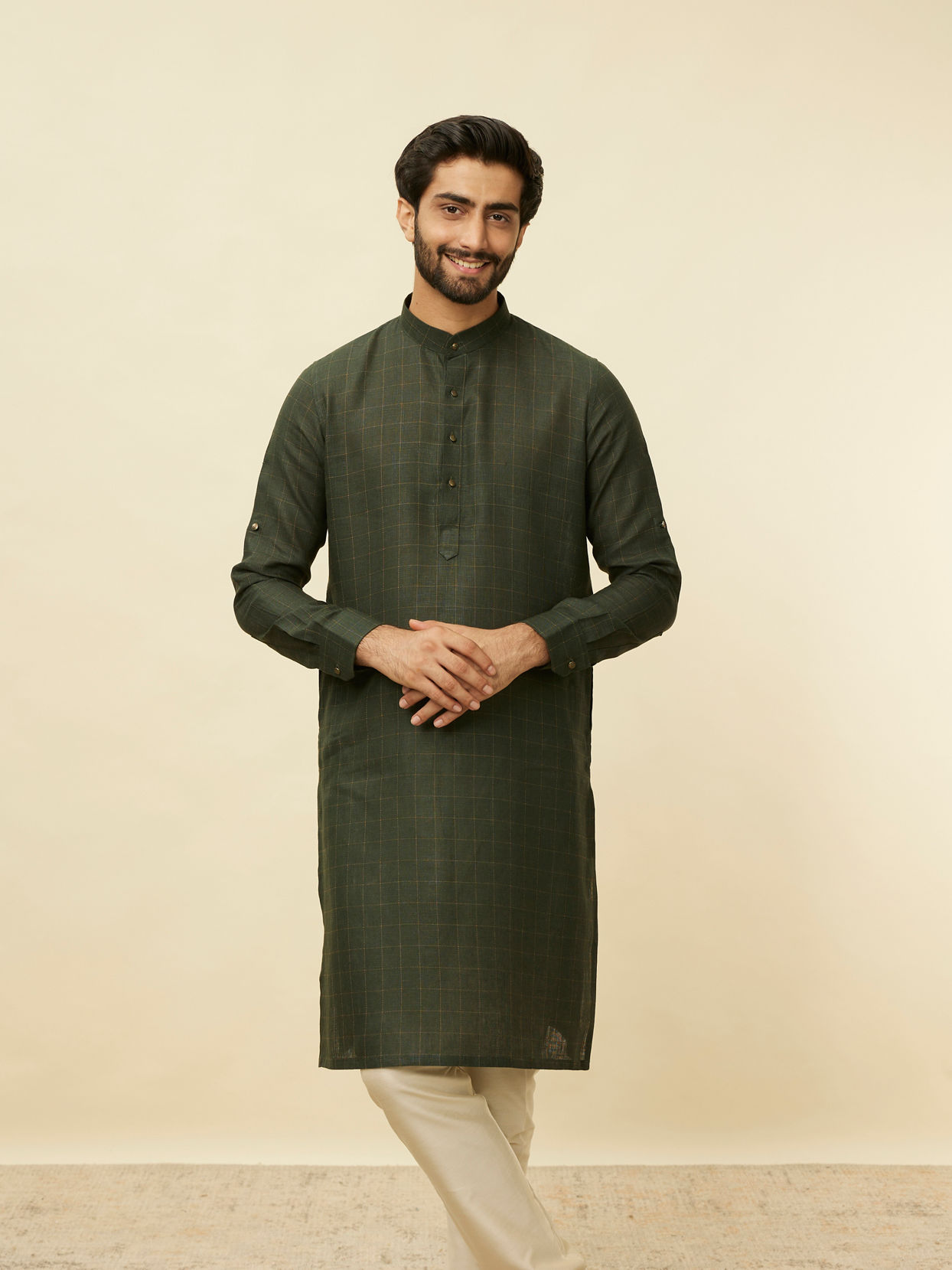 alt message - Manyavar Men Dark Green Square Grid Printed Kurta image number 0