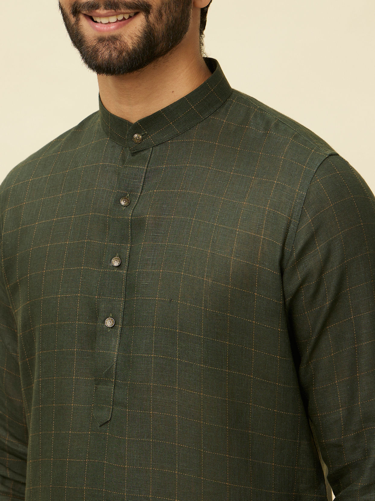 alt message - Manyavar Men Dark Green Square Grid Printed Kurta image number 1