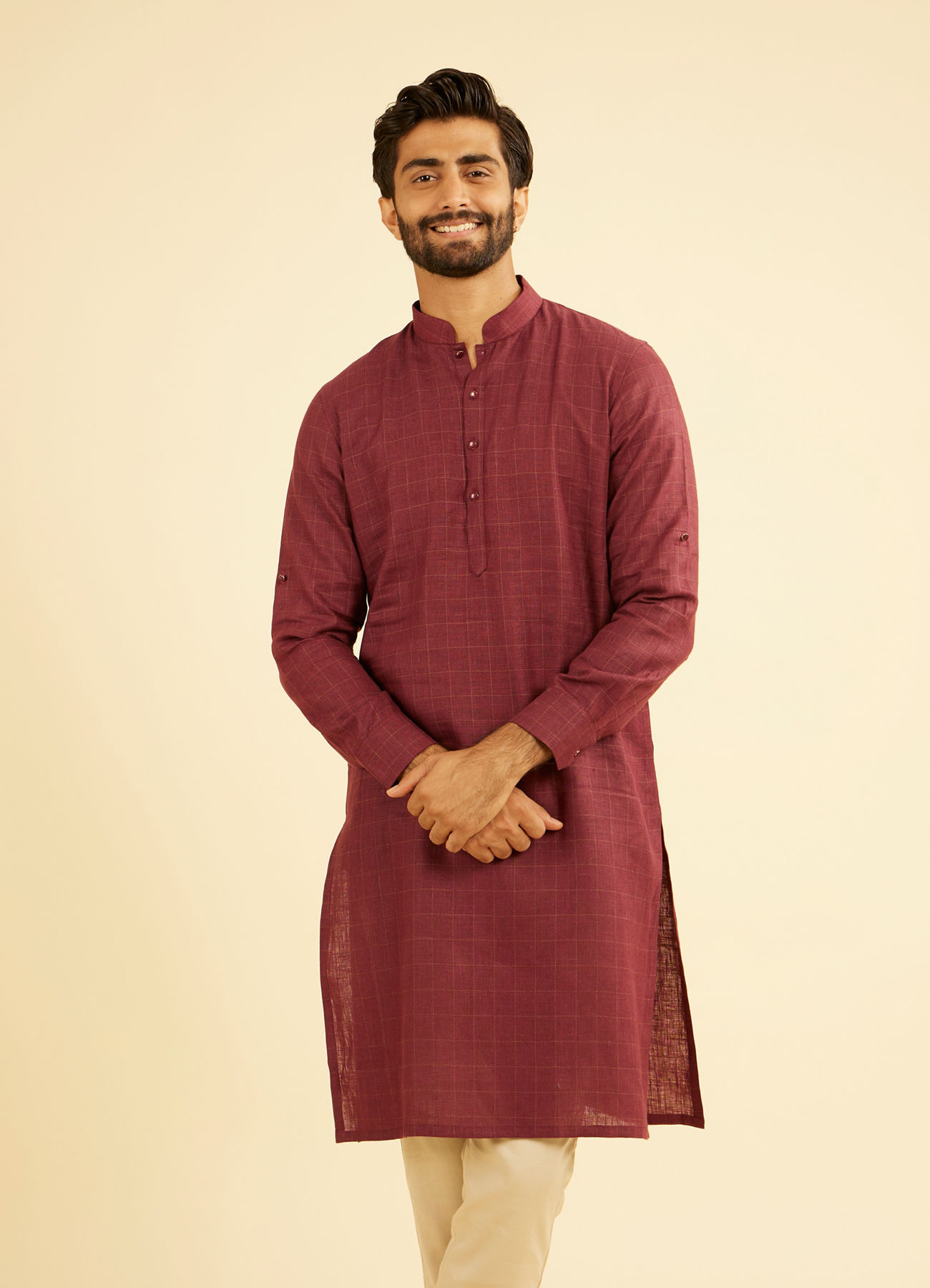 Manyavar Men Vibrant Wine Linen Kurta