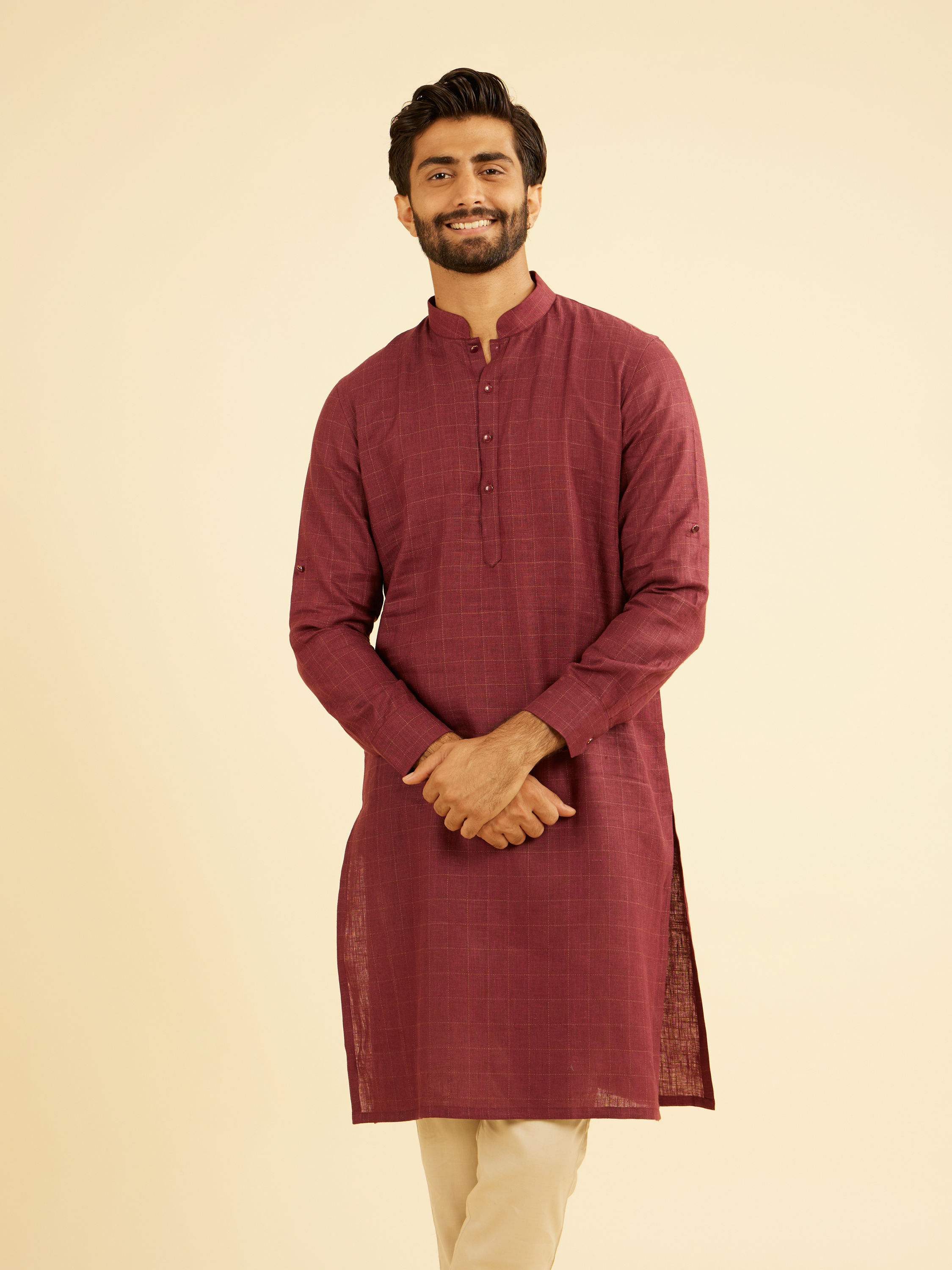 Manyavar Men Vibrant Wine Linen Kurta
