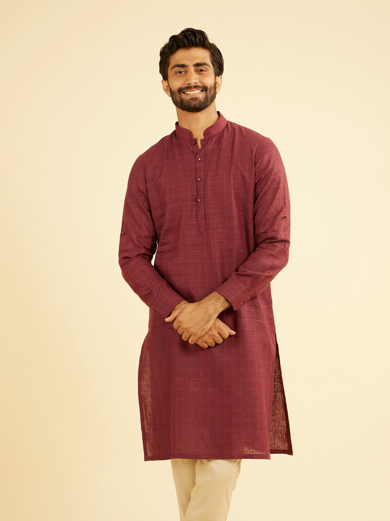 Manyavar Men Vibrant Wine Linen Kurta