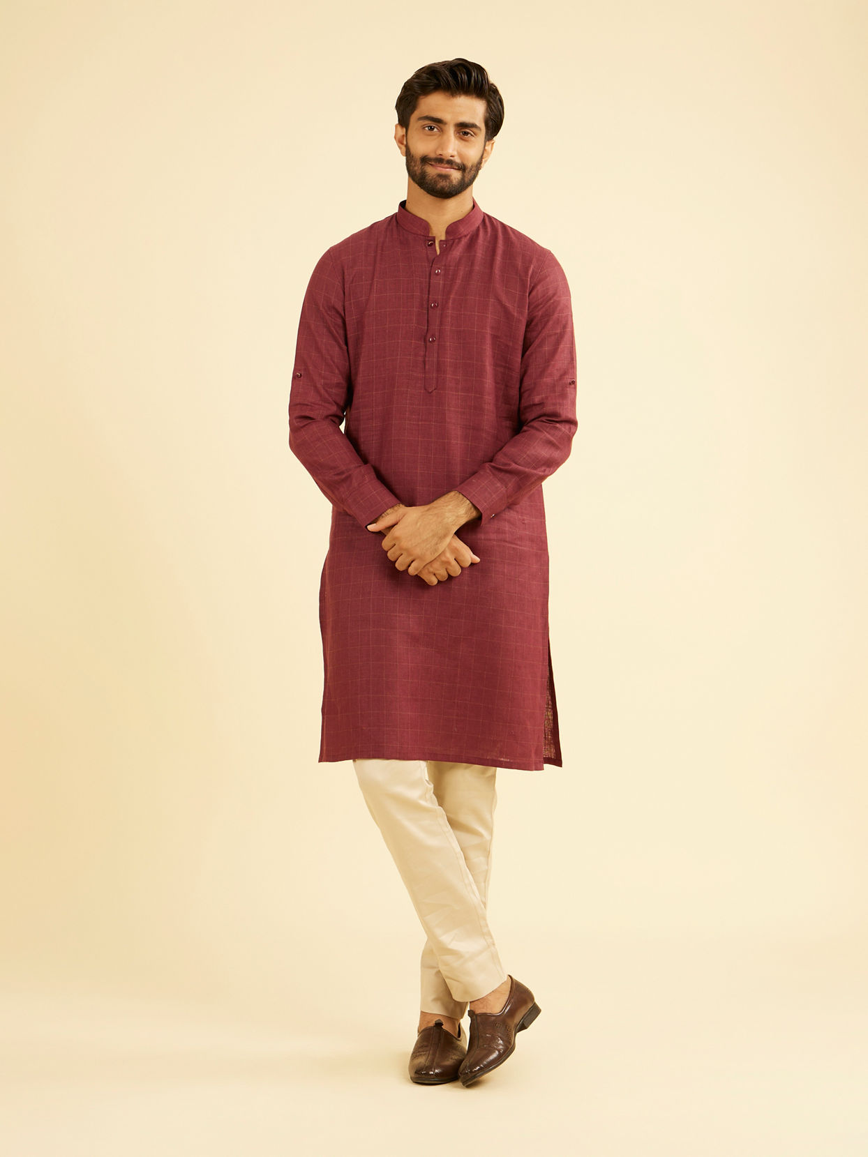 Manyavar Men Vibrant Wine Linen Kurta