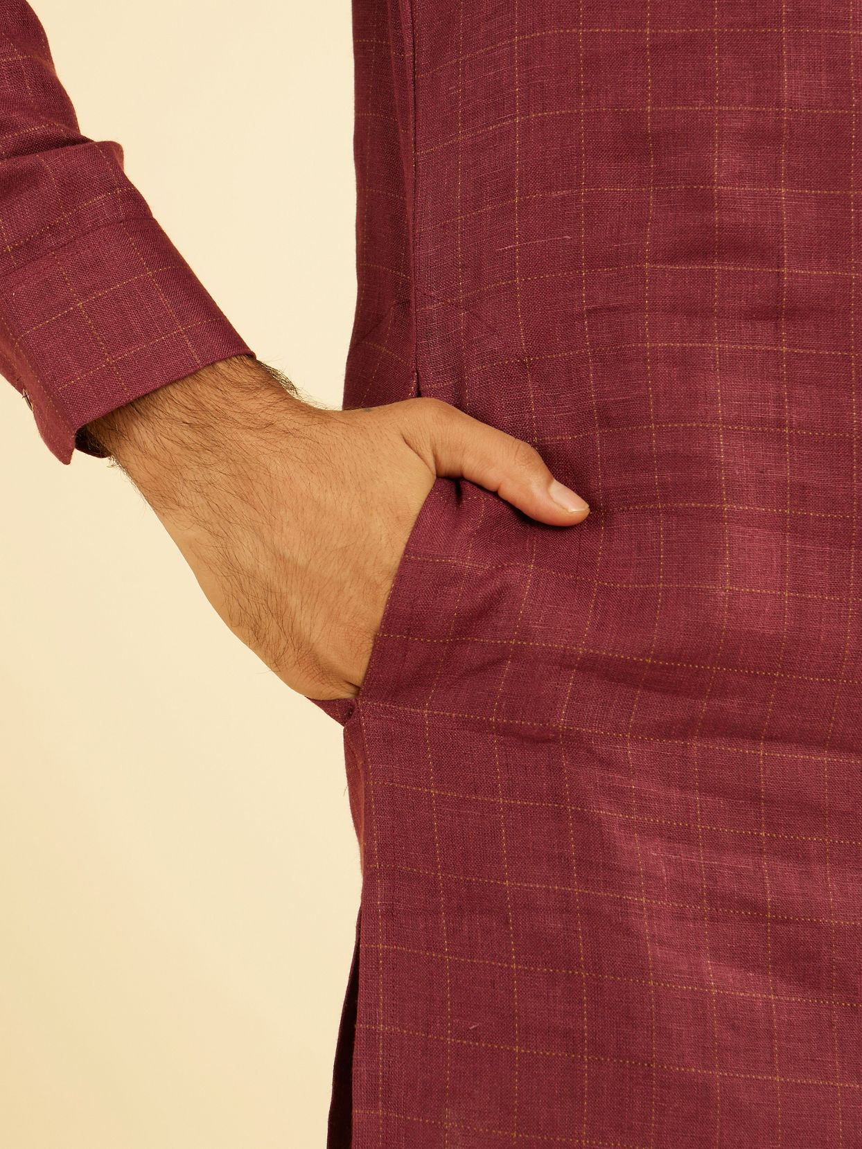 Manyavar Men Vibrant Wine Linen Kurta
