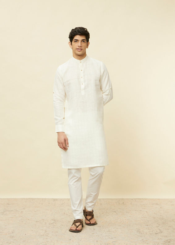 Manyavar Men Warm White Square Grid Printed Kurta