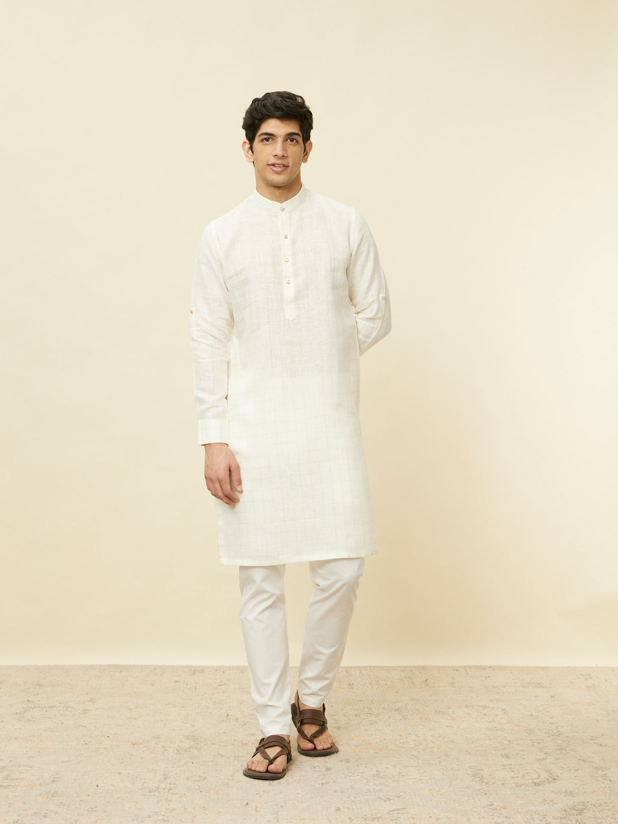 alt message - Manyavar Men Warm White Square Grid Printed Kurta image number 1