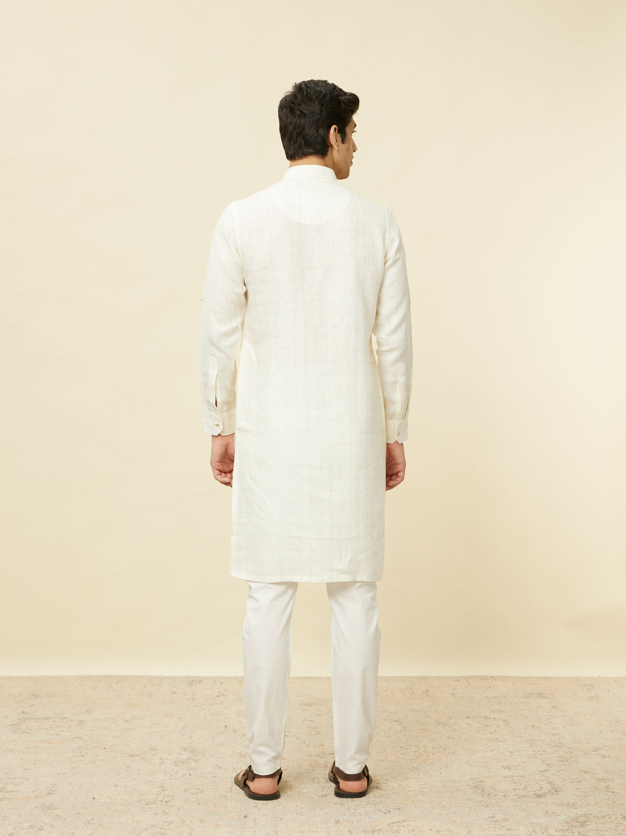 Manyavar Men Warm White Square Grid Printed Kurta
