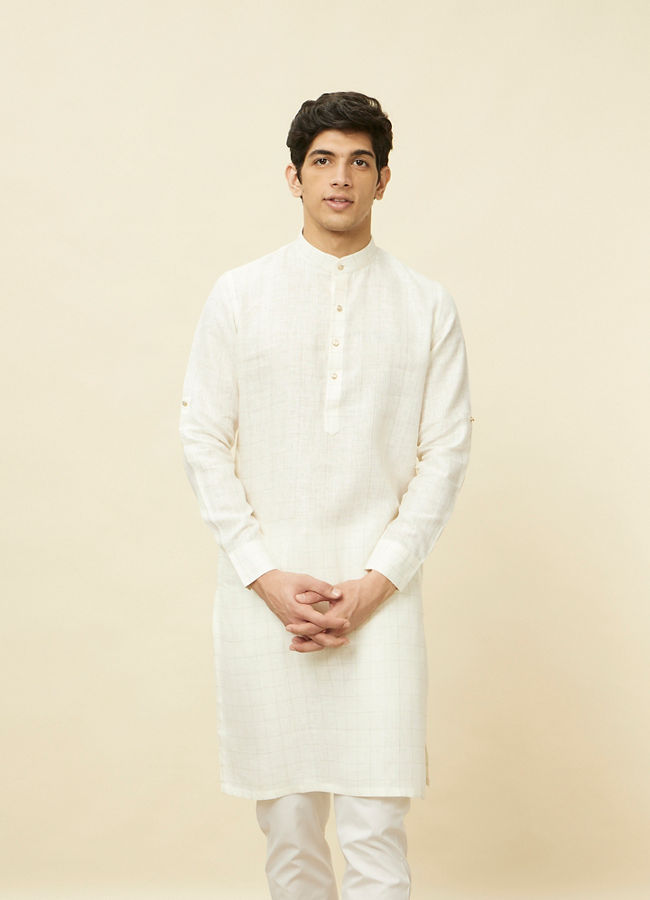 alt message - Manyavar Men Warm White Square Grid Printed Kurta image number 0