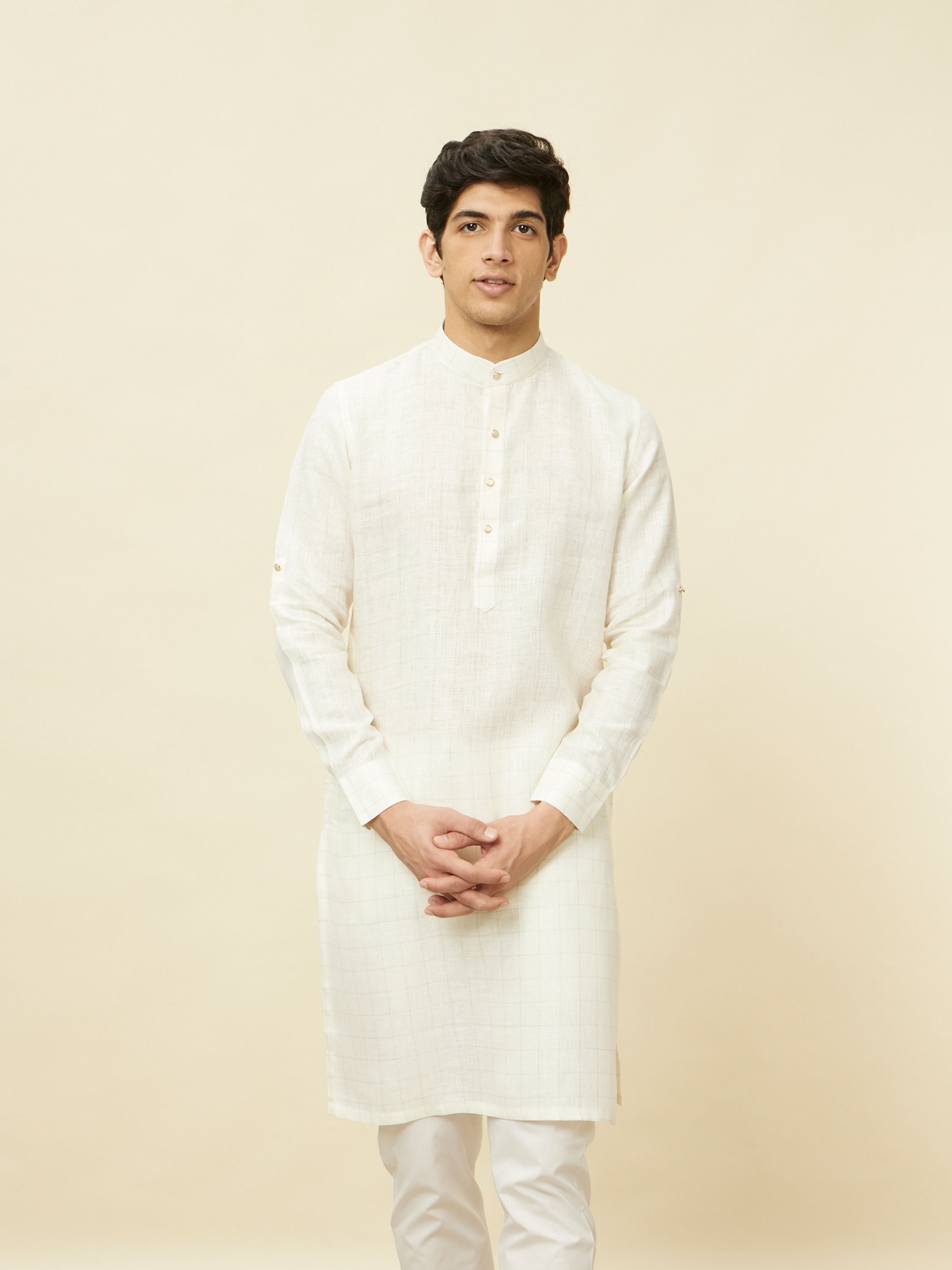 Manyavar Men Warm White Square Grid Printed Kurta