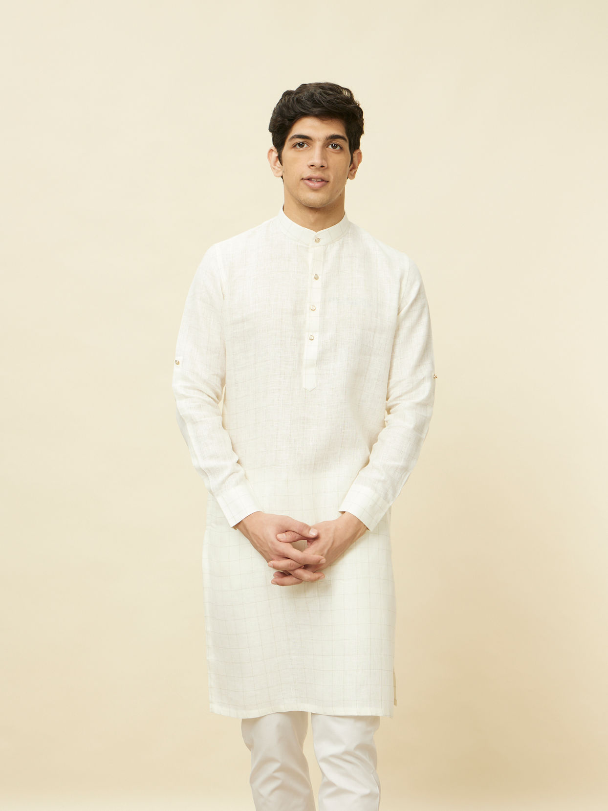 alt message - Manyavar Men Warm White Square Grid Printed Kurta image number 0