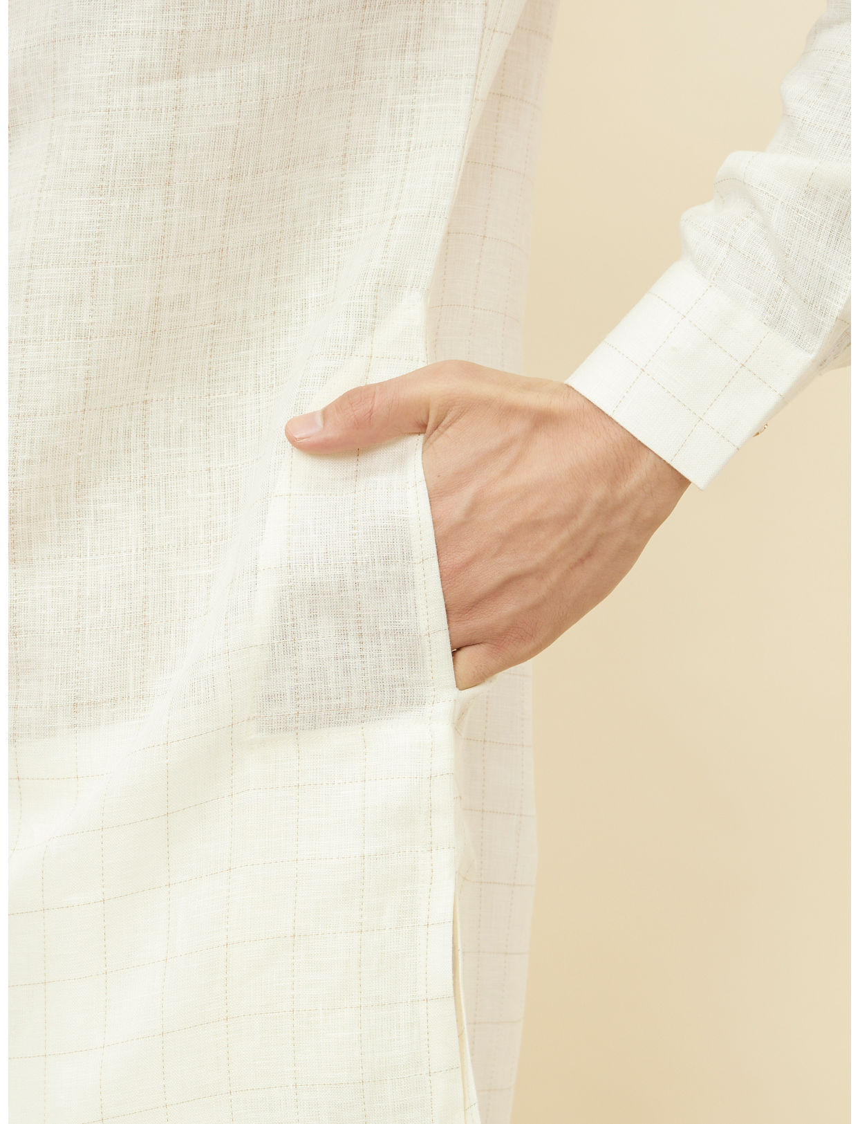 Manyavar Men Warm White Square Grid Printed Kurta