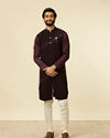 alt message - Manyavar Men Wine Striped Patterned Kurta image number 2