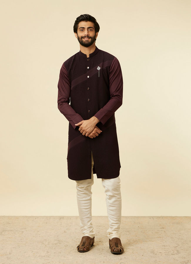 alt message - Manyavar Men Wine Striped Patterned Kurta image number 2