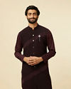 alt message - Manyavar Men Wine Striped Patterned Kurta image number 0