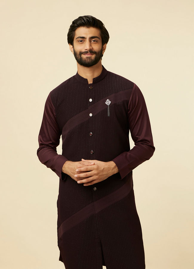 alt message - Manyavar Men Wine Striped Patterned Kurta image number 0