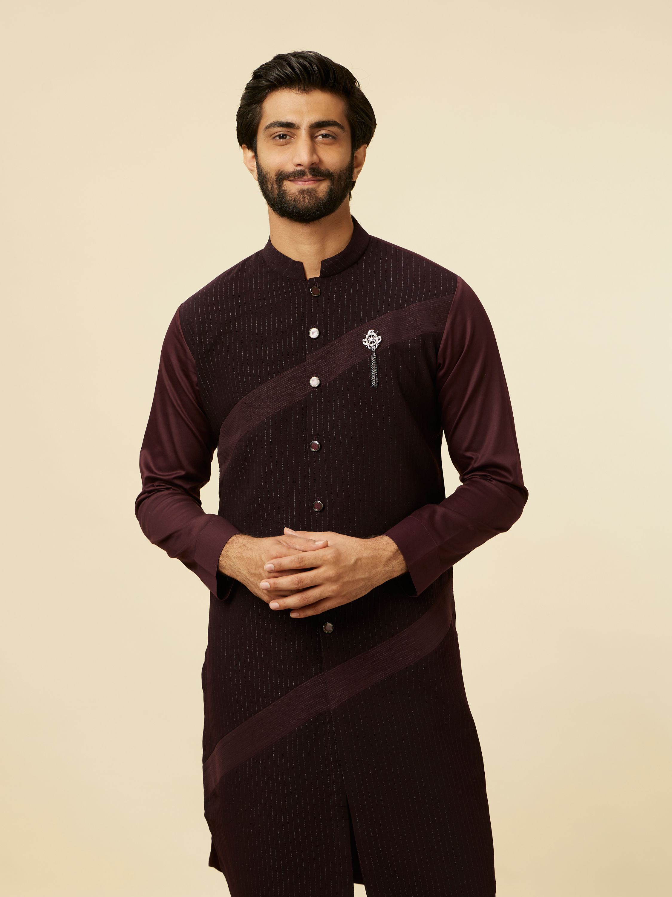 Manyavar Men Wine Striped Patterned Kurta