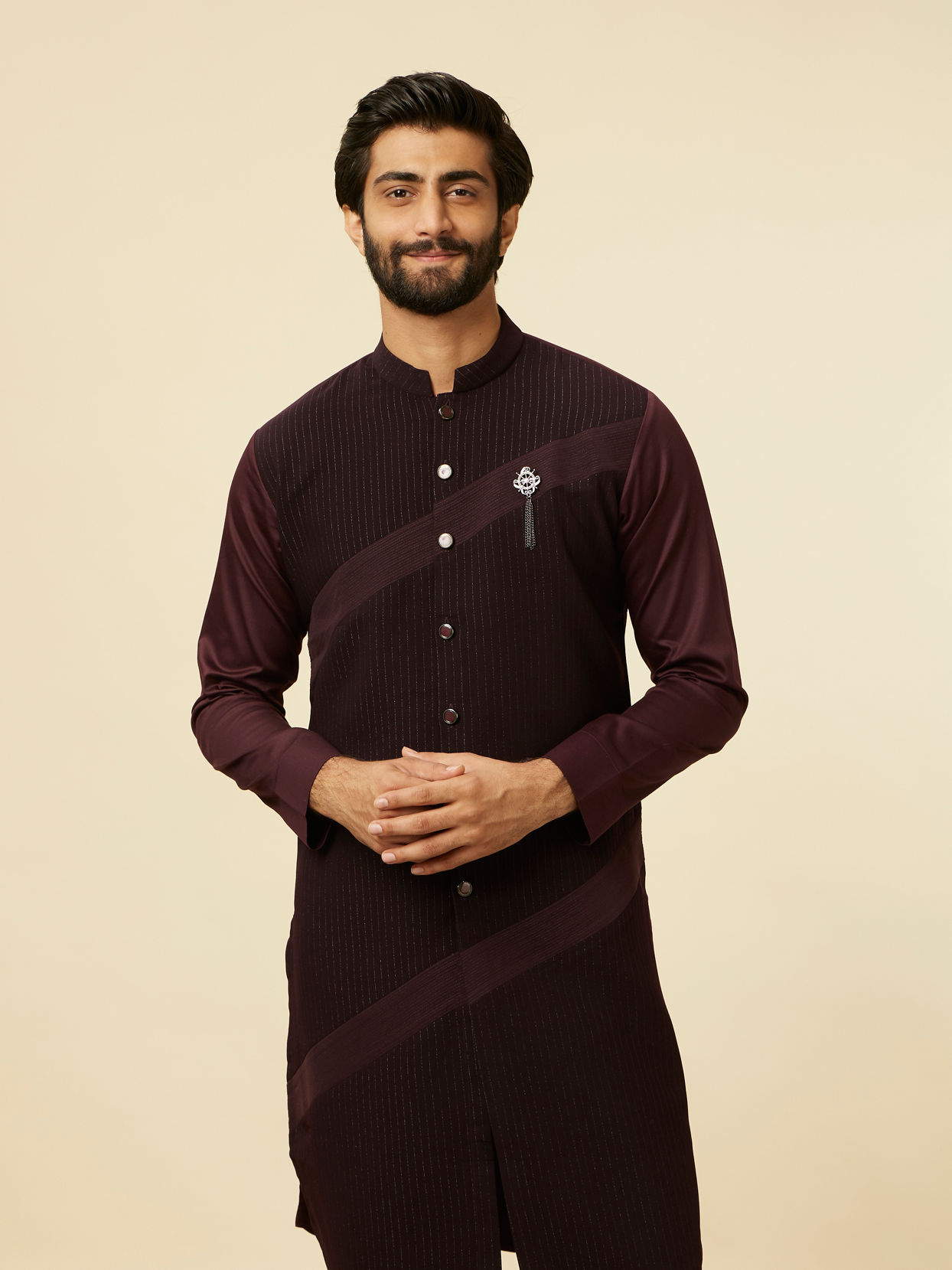 alt message - Manyavar Men Wine Striped Patterned Kurta image number 0