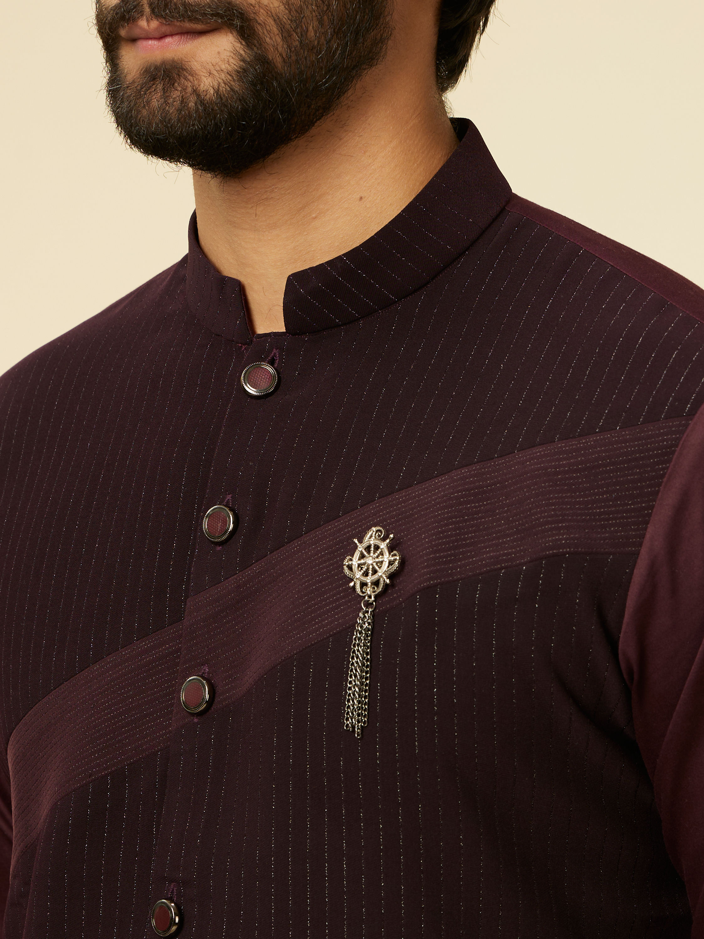 Manyavar Men Wine Striped Patterned Kurta