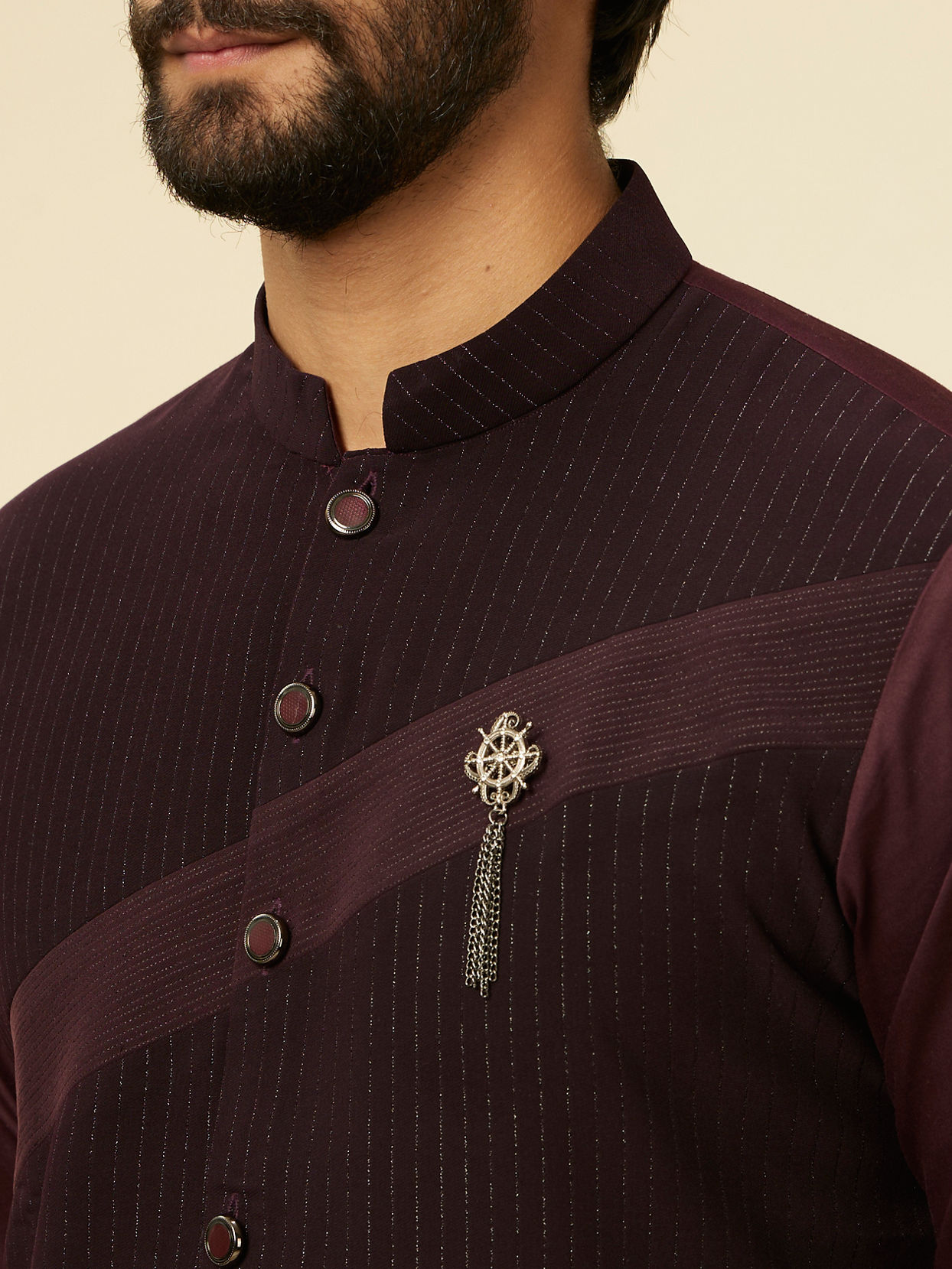 alt message - Manyavar Men Wine Striped Patterned Kurta image number 1