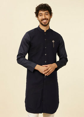 alt message - Manyavar Men Dark Blue Self Striped Kurta image number 0