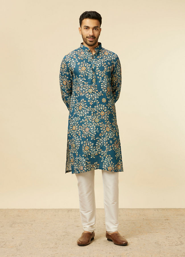 alt message - Manyavar Men Teal Blue Bel Buti Patterned Kurta image number 2