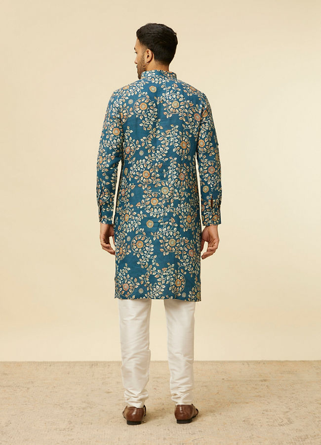 alt message - Manyavar Men Teal Blue Bel Buti Patterned Kurta image number 4