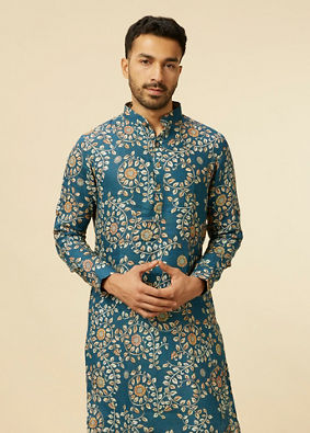 alt message - Manyavar Men Teal Blue Bel Buti Patterned Kurta image number 0