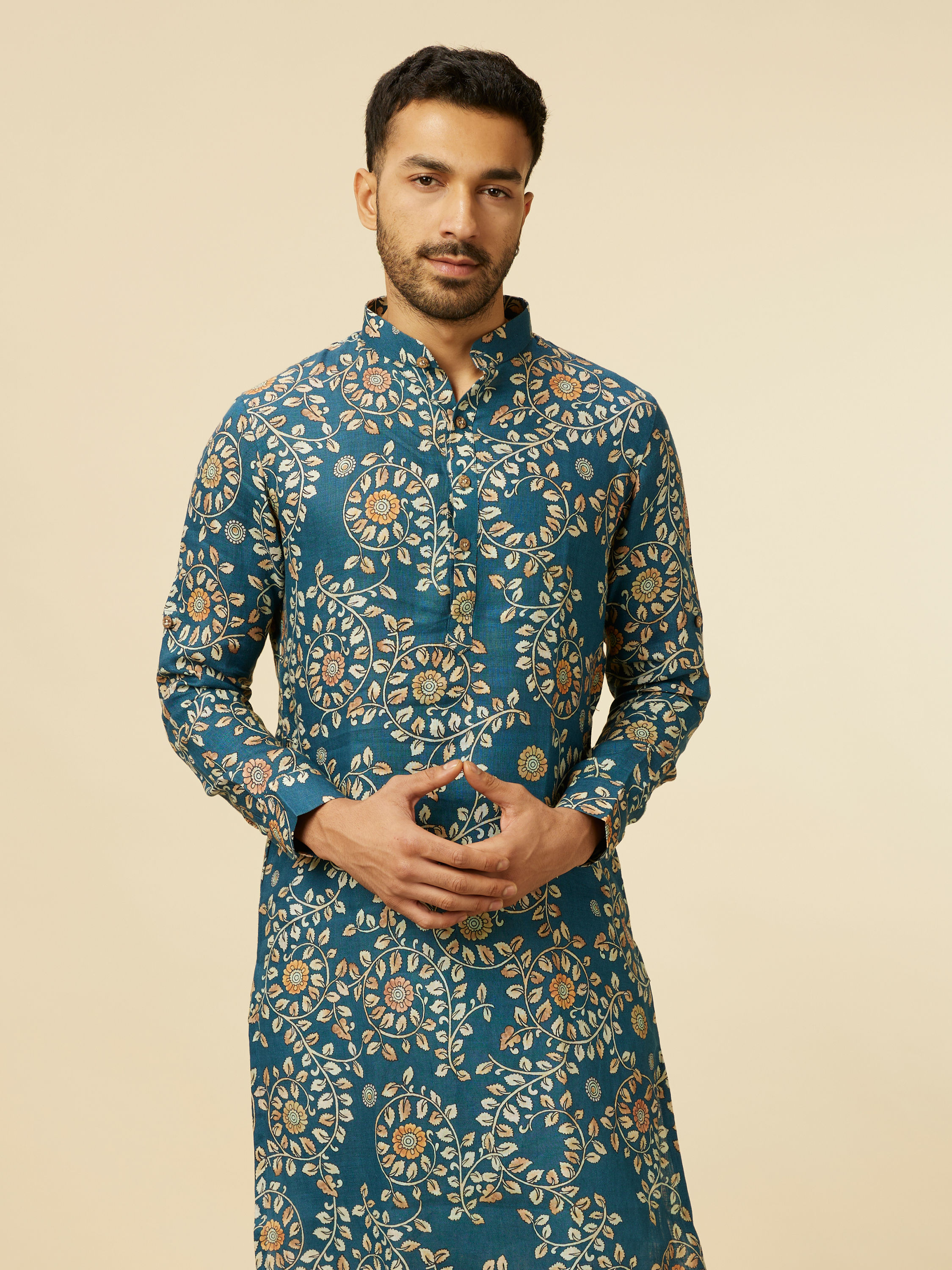 Manyavar Men Teal Blue Bel Buti Patterned Kurta