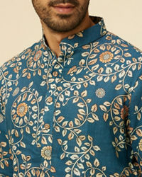 Manyavar Men Teal Blue Bel Buti Patterned Kurta