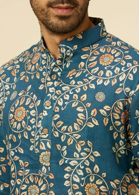 alt message - Manyavar Men Teal Blue Bel Buti Patterned Kurta image number 1