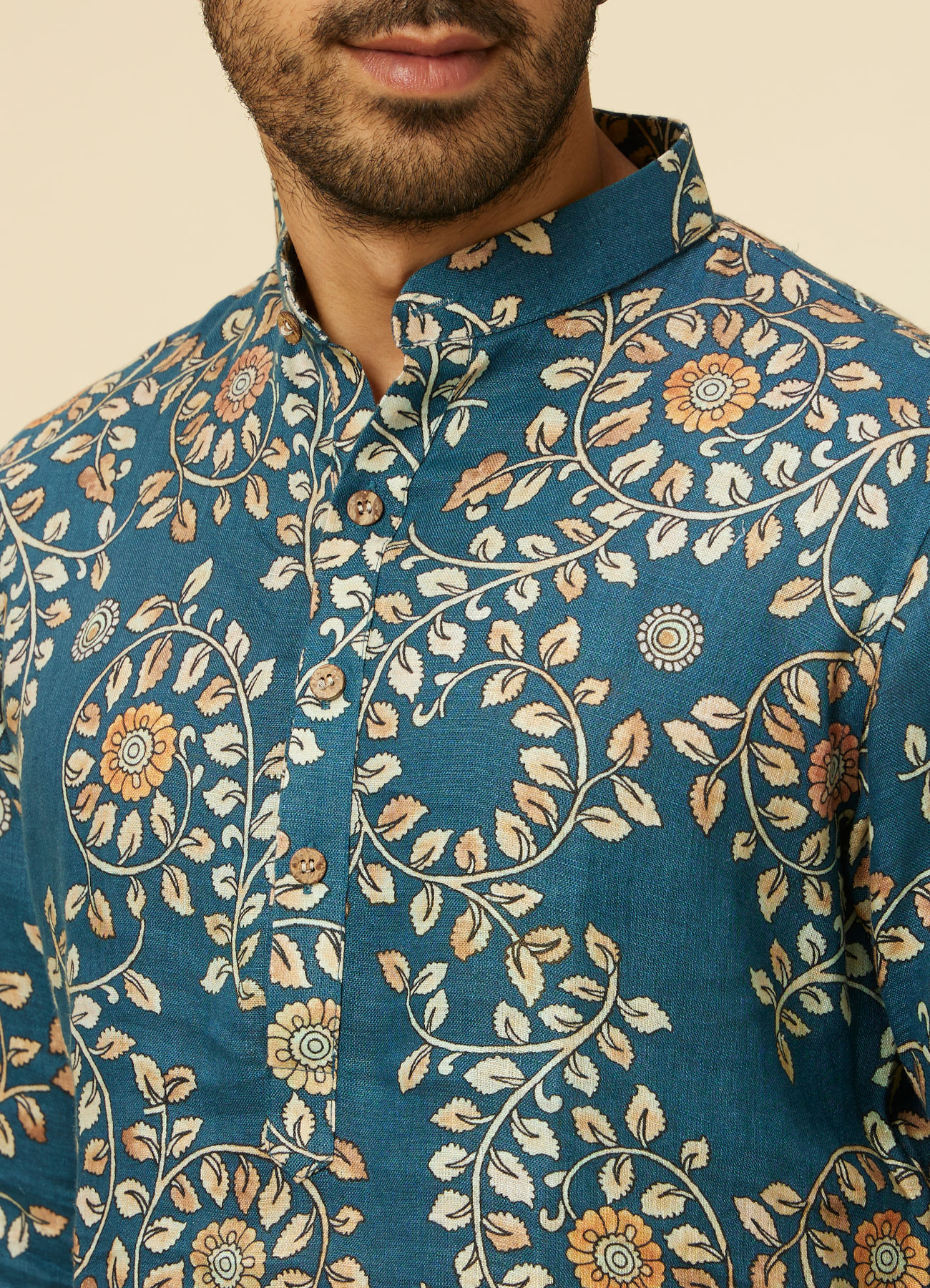 Manyavar Men Teal Blue Bel Buti Patterned Kurta