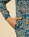 alt message - Manyavar Men Teal Blue Bel Buti Patterned Kurta image number 3