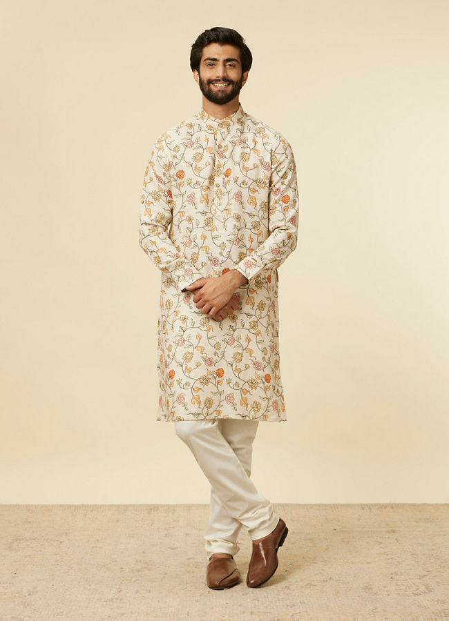 alt message - Manyavar Men Beige Bel Buti Patterned Kurta image number 2