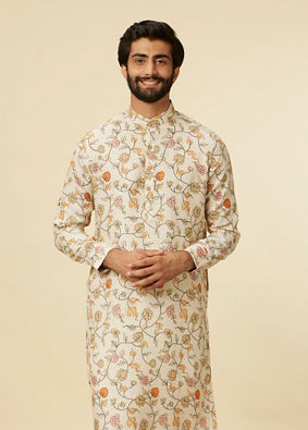 alt message - Manyavar Men Beige Bel Buti Patterned Kurta image number 0