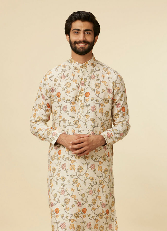 alt message - Manyavar Men Beige Bel Buti Patterned Kurta image number 0