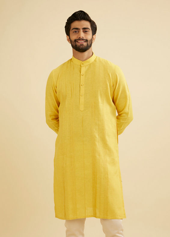 Manyavar Men Sunshine Yellow Self Striped Texture Kurta