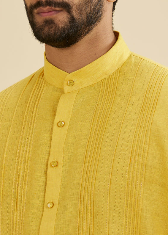 Manyavar Men Sunshine Yellow Self Striped Texture Kurta