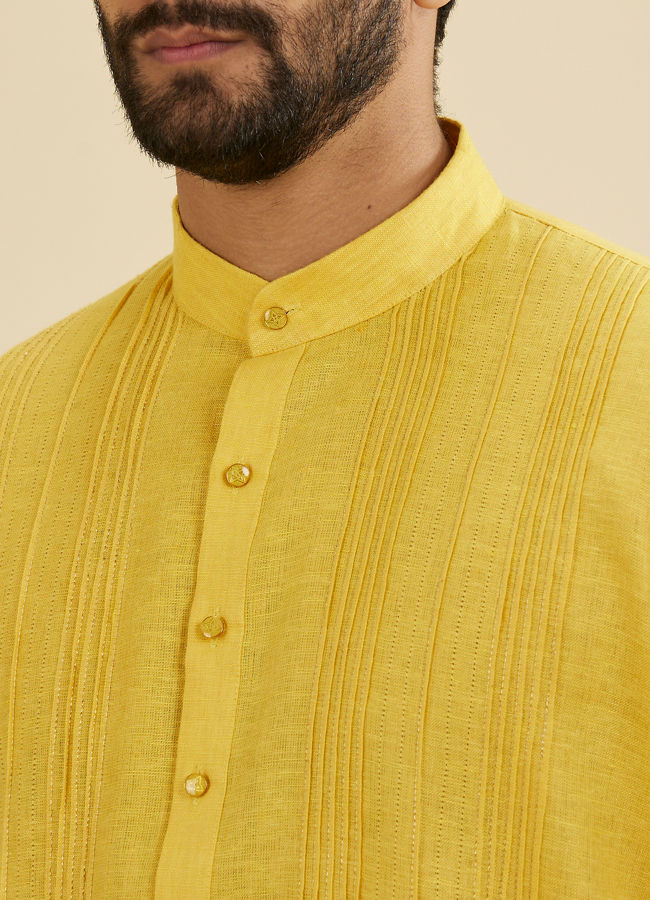 Manyavar Men Sunshine Yellow Self Striped Texture Kurta