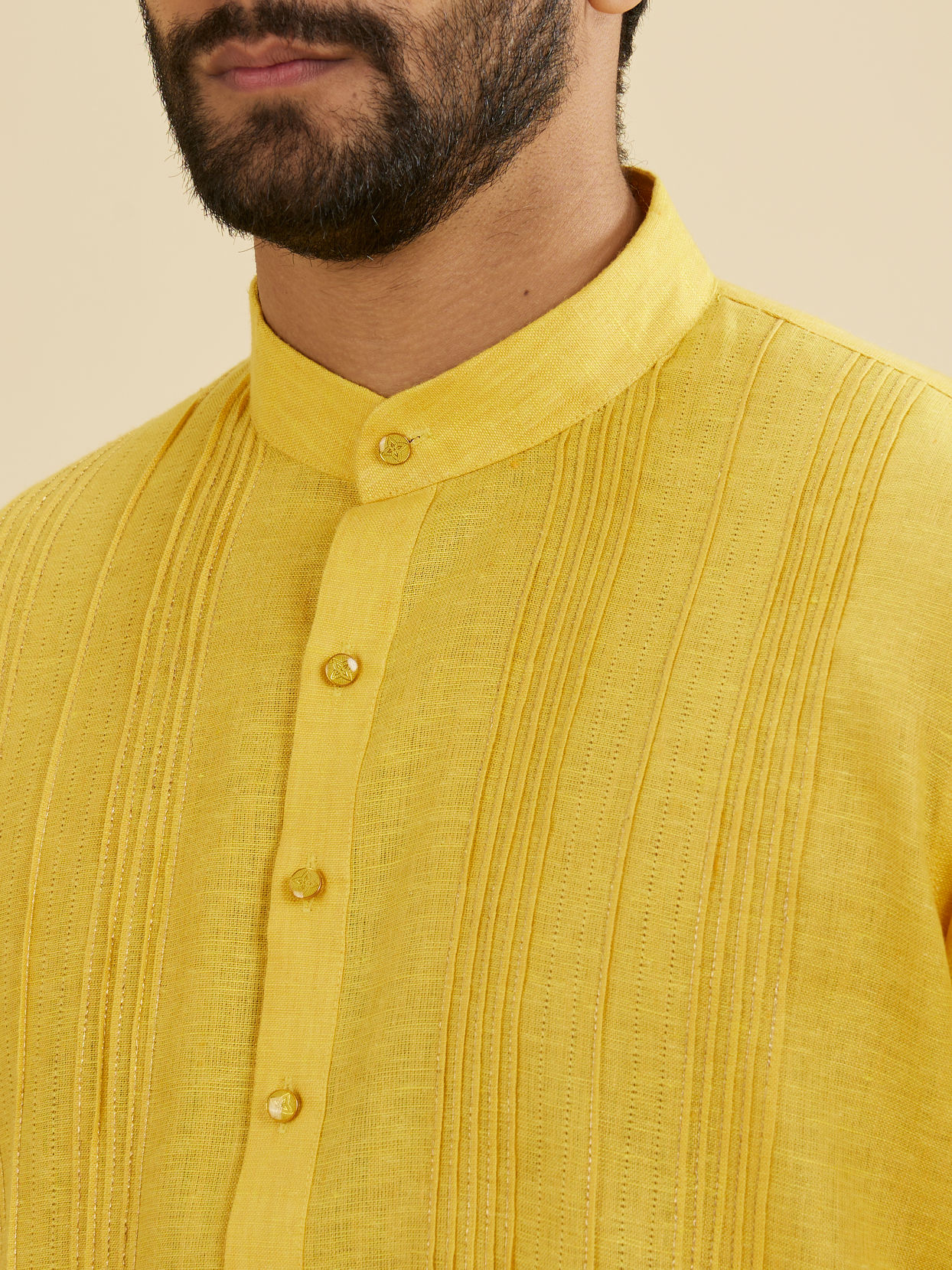 Manyavar Men Sunshine Yellow Self Striped Texture Kurta