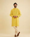 Manyavar Men Sunshine Yellow Self Striped Texture Kurta